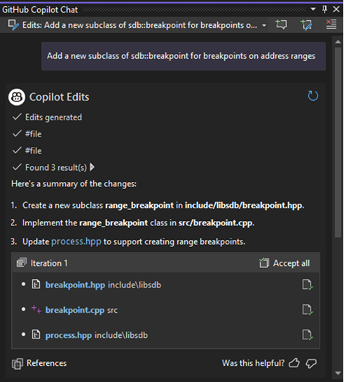 Screenshot della finestra Chat di GitHub Copilot che mostra i file modificati.