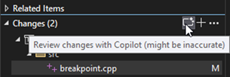 Screenshot della finestra Modifiche Git con il pulsante GitHub Copilot Review evidenziato.