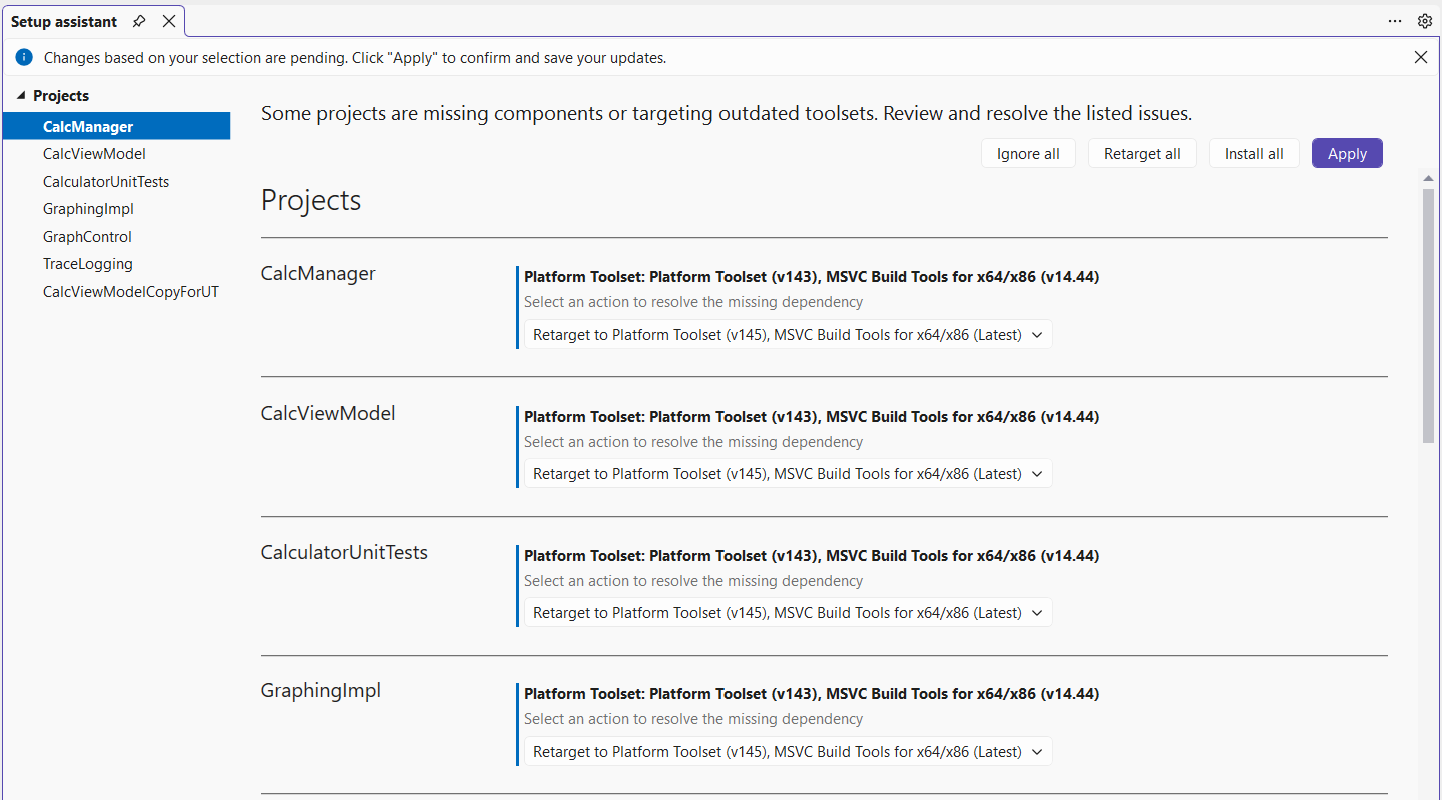 Screenshot dell'Assistente configurazione di Visual Studio 2026 che mostra un elenco di progetti selezionati per il reindirizzamento alla versione più recente di Strumenti di compilazione MSVC e al set di strumenti della piattaforma v145.