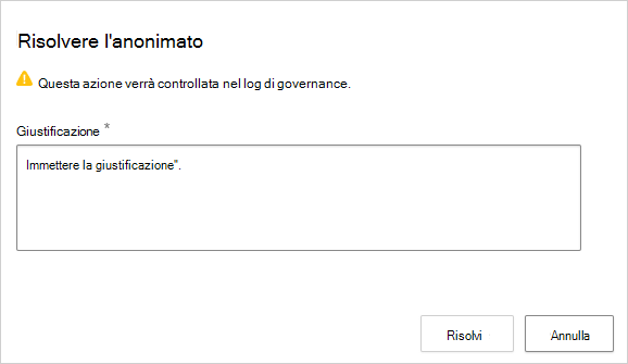 Screenshot della finestra di dialogo Risolvi in cui viene immessa una motivazione aziendale prima di selezionare Risolvi.