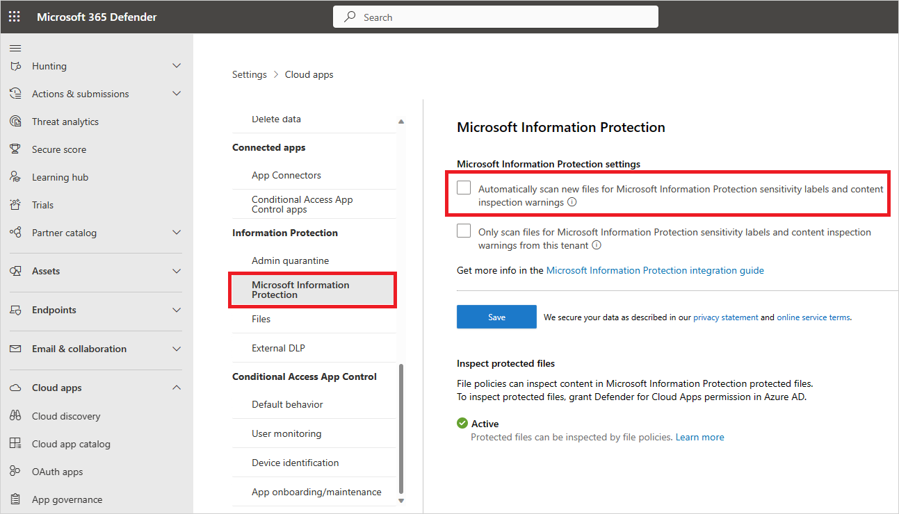 Screenshot della pagina delle impostazioni Microsoft Information Protection con l'opzione analisi automatica abilitata.