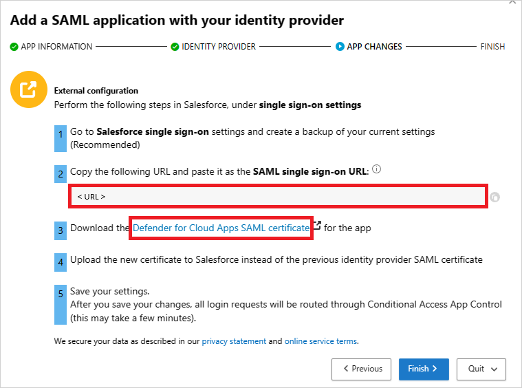 Schermata della pagina MODIFICHE APP di Defender for Cloud Apps che mostra l'URL di accesso Single Sign-On SAML e l'opzione per scaricare il certificato.