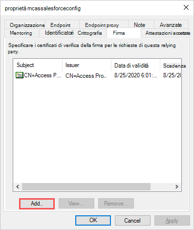 Screenshot della finestra di dialogo delle proprietà della firma di attendibilità componente che mostra la configurazione del certificato SAML.
