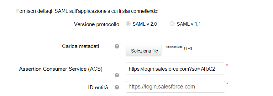 Screenshot della pagina di configurazione dell'applicazione dell'app Salesforce personalizzata con i dettagli SAML immessi.
