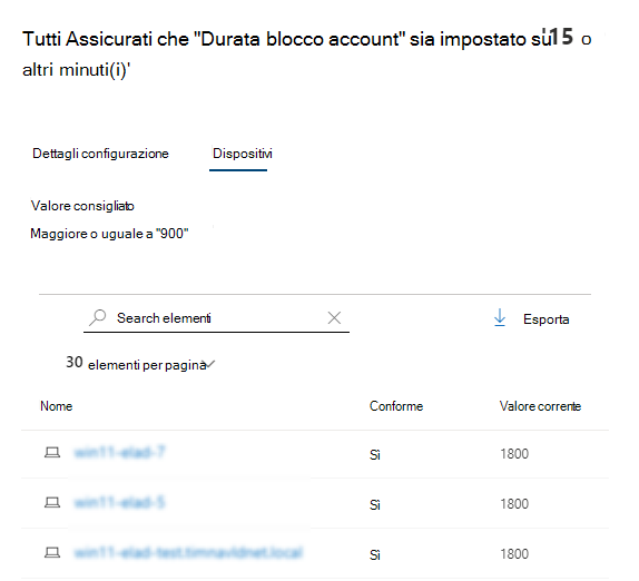 Schermata della pagina di conformità della baseline