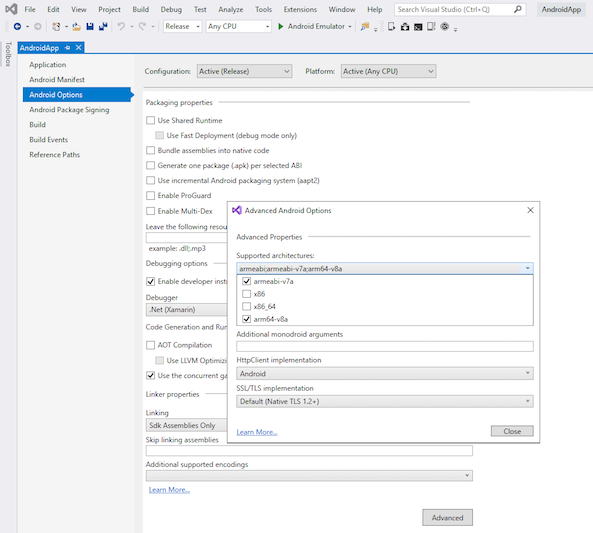 Elenco delle architetture supportate nella finestra Opzioni Android avanzate di Visual Studio
