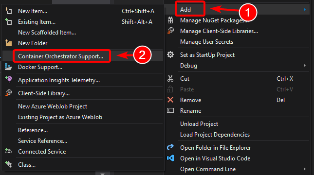 Schermata che mostra l'opzione Container Orchestrator Support nel menu contestuale del progetto.