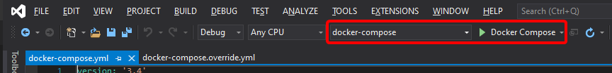 Schermata della barra degli strumenti di debug durante l'esecuzione di un progetto docker-compose.