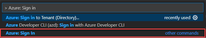 Screenshot che mostra come accedere ad Azure in Visual Studio Code.