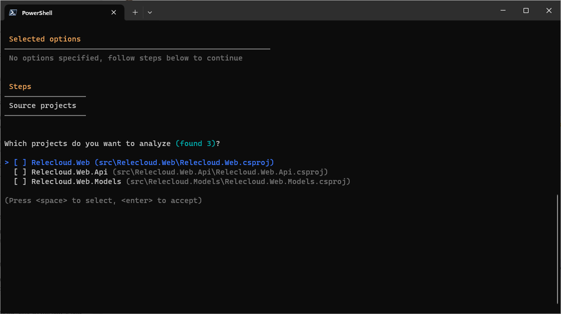 Schermata della selezione del progetto dello strumento CLI