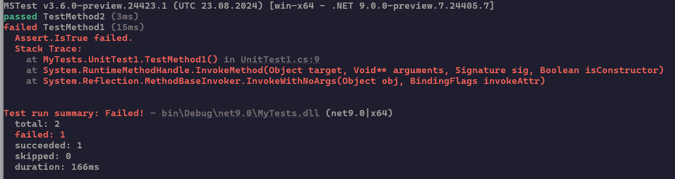 Output con 1 non riuscito e 1 test superato e un riepilogo