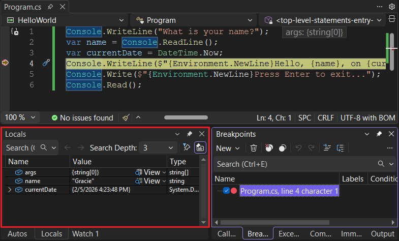 Screenshot di un punto di interruzione in Visual Studio