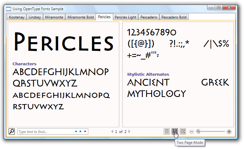 Screenshot che mostra i tipi di carattere OpenType.