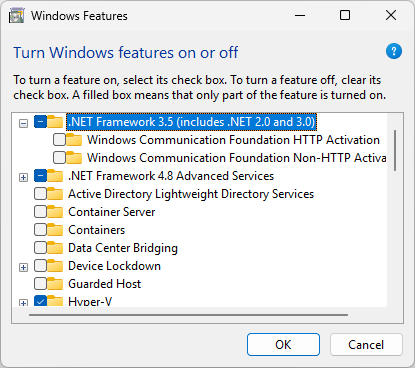 Screenshot della finestra di dialogo Funzionalità di Windows. È selezionata l'opzione .NET Framework 3.5.