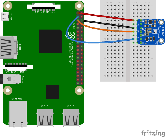 Diagramma di Fritzing che mostra la connessione da Raspberry Pi alla scheda di interruzione BME280