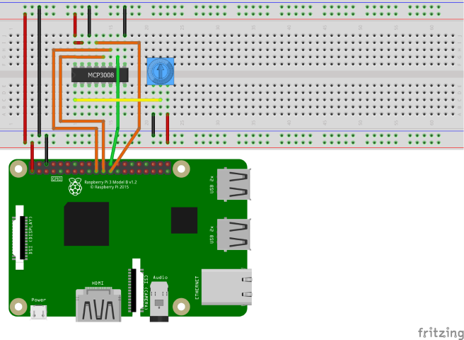 Diagramma di Fritzing che mostra un circuito con un MCP3008 ADC e un potentiometro