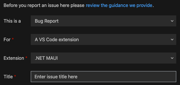 Immagine della finestra di dialogo per segnalare un problema in Visual Studio Code