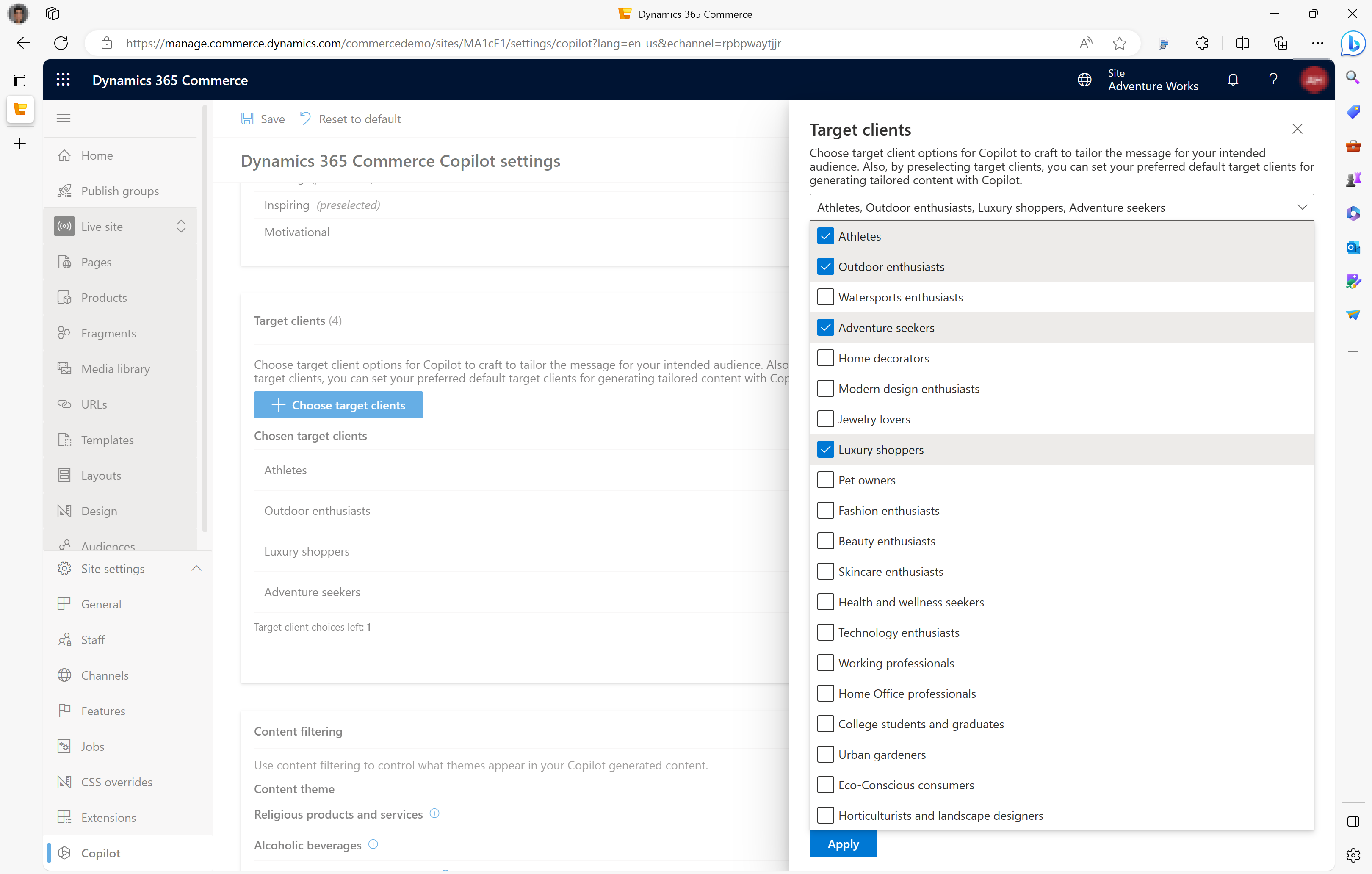 Screenshot del menu client Target a comparsa in generatore di siti.
