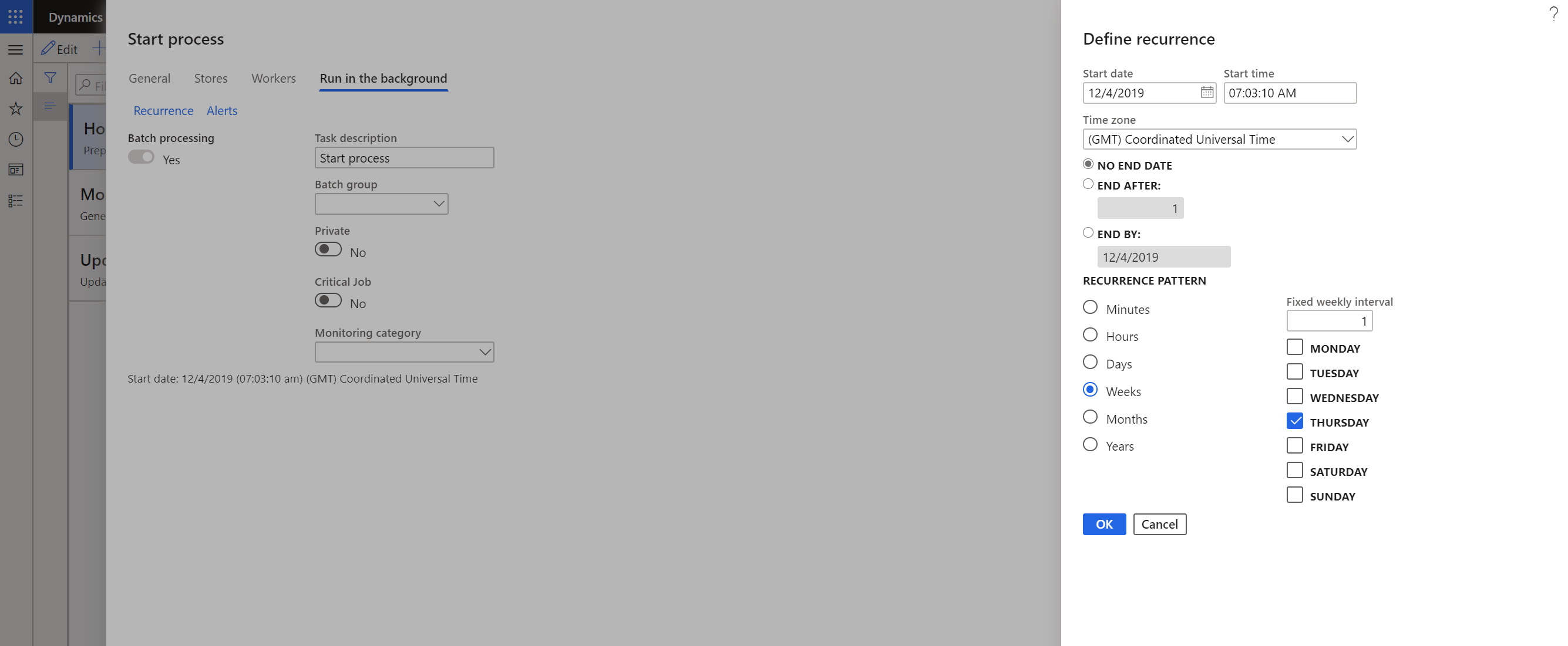 Screenshot dell'immissione dei criteri di frequenza nella finestra di dialogo Definisci ricorrenza.