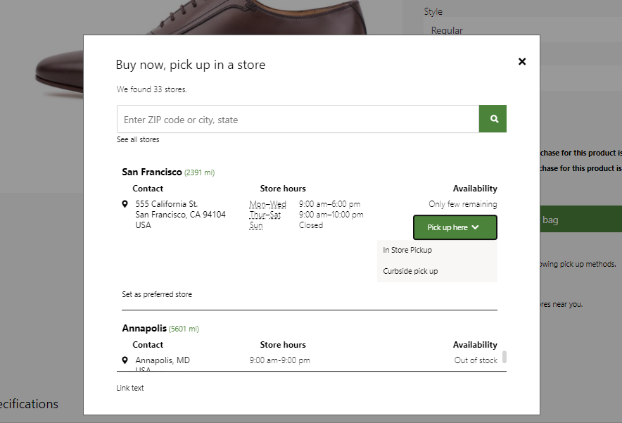 Screenshot della selezione di un'opzione di ritiro nell'e-commerce.