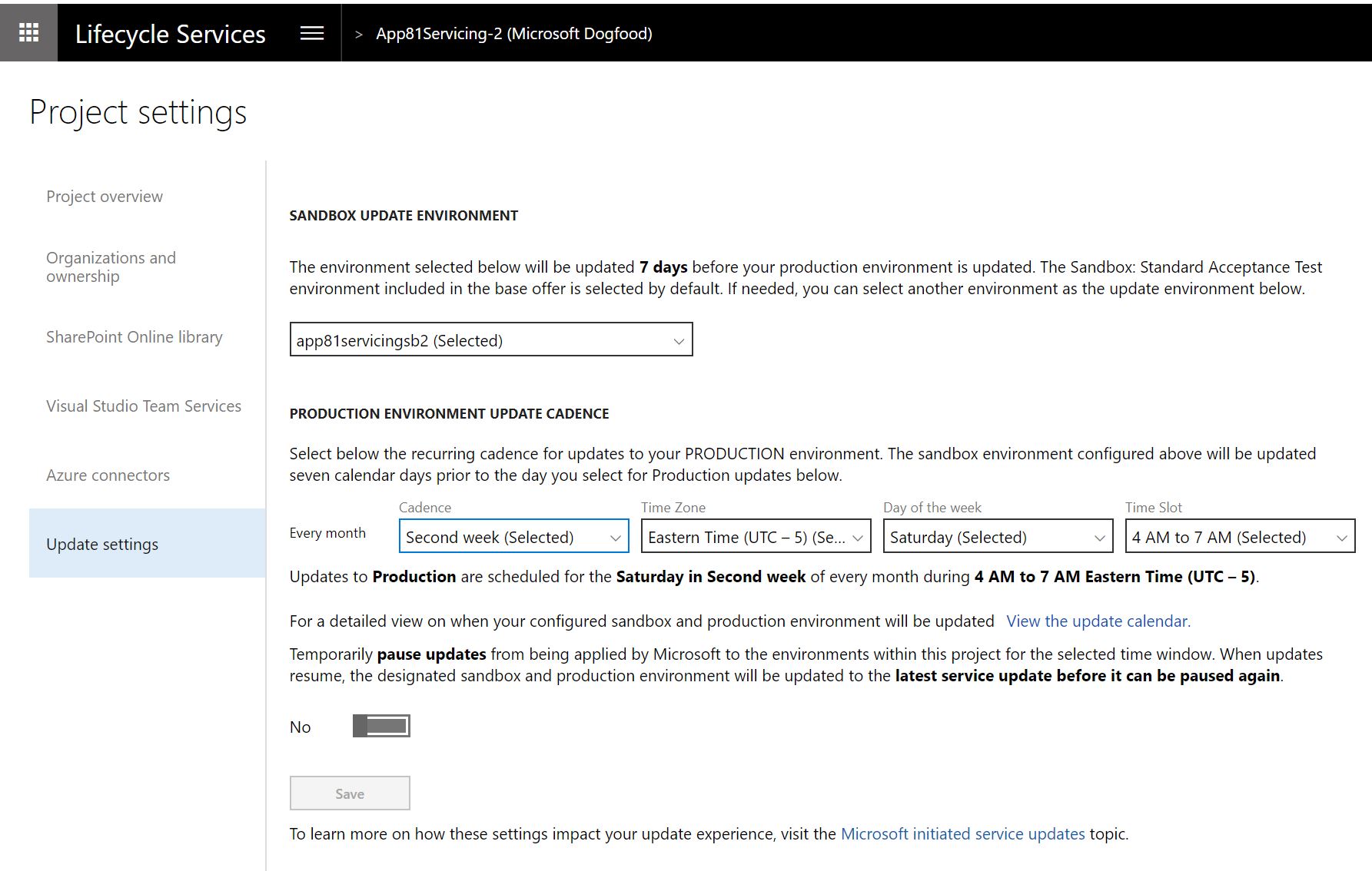 Screenshot of the Update settings tab on the Project settings page.