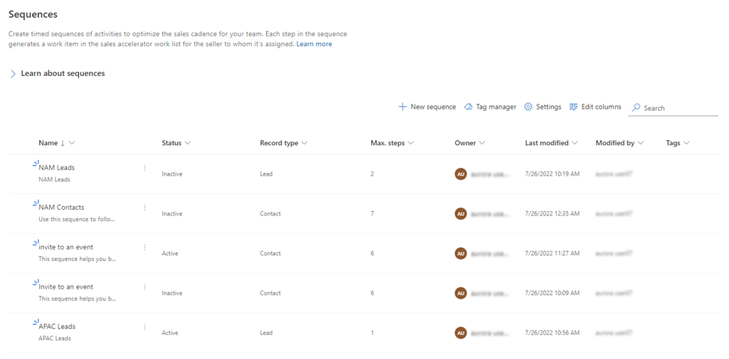 Screenshot della home page di Sequence Designer in Dynamics 365 Sales.