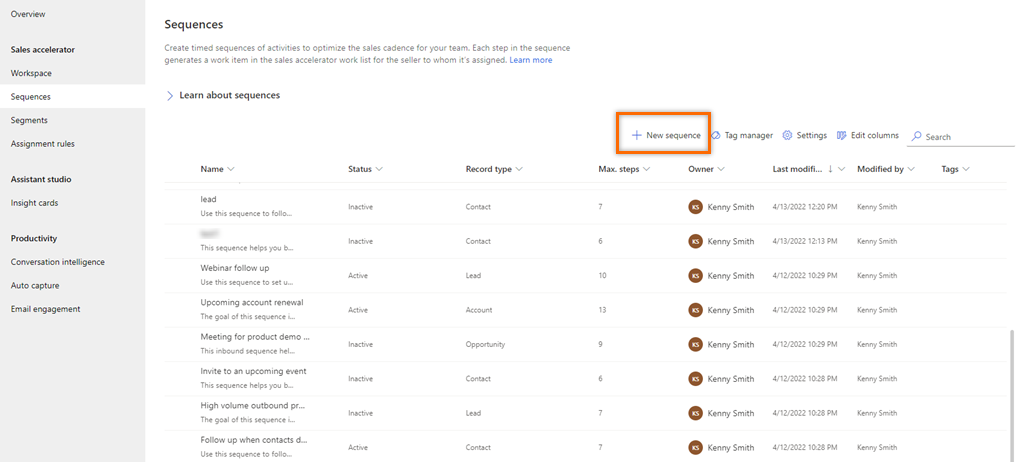 Screenshot della selezione di Nuovo per creare una sequenza in Dynamics 365 Sales.