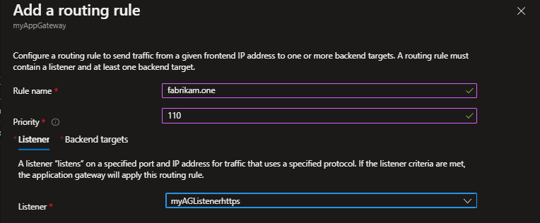 Pagina di configurazione della regola di routing di Application Gateway che mostra il passaggio di selezione del listener.