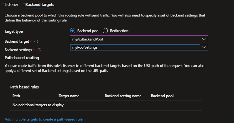 Pagina di configurazione della regola di routing di Application Gateway che mostra la selezione del pool backend e delle impostazioni backend.