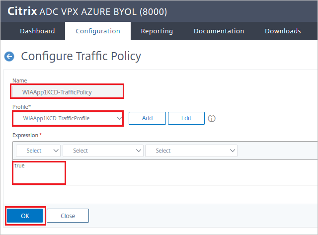 Screenshot del riquadro di configurazione di Citrix ADC SAML Connector per Microsoft Entra - Configurare i criteri di traffico