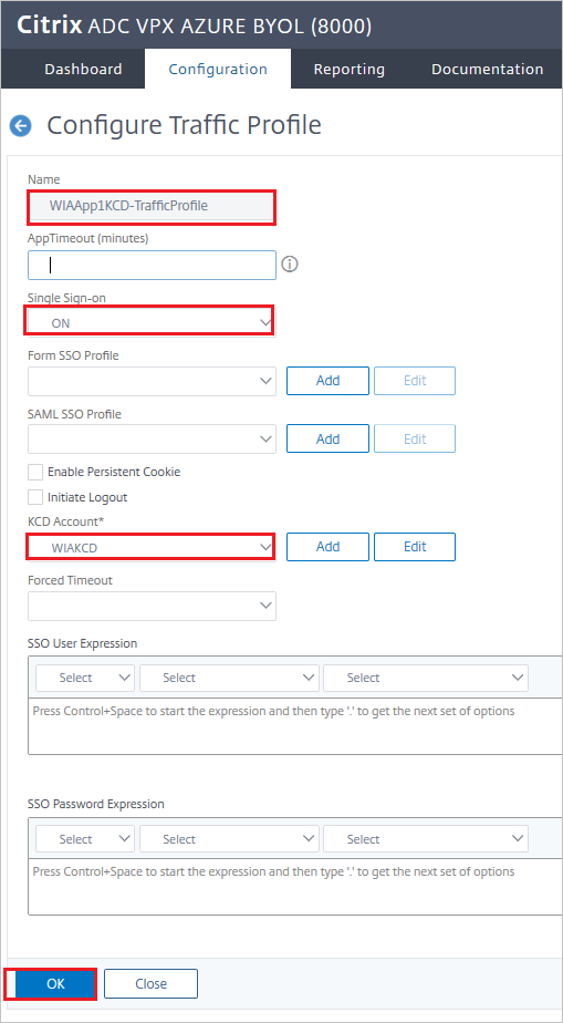 Screenshot del riquadro Configurazione del Connettore SAML Citrix ADC per Microsoft Entra - Configurazione del profilo di traffico.