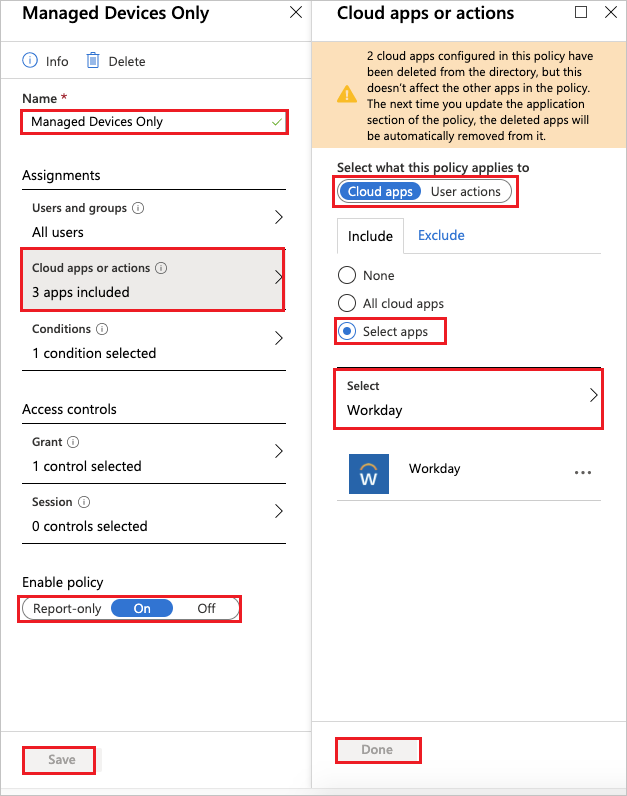 Screenshot di Managed Devices Only e Applicazioni cloud o azioni.