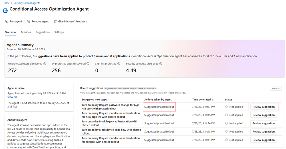 Screenshot dei suggerimenti dell'agente con un tipo di implementazione in più fasi evidenziato.