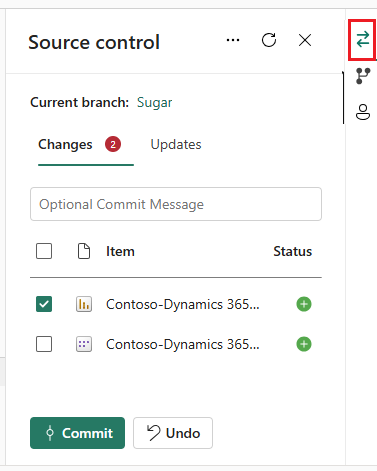Screenshot del control panel di origine che mostra lo stato degli elementi modificati.
