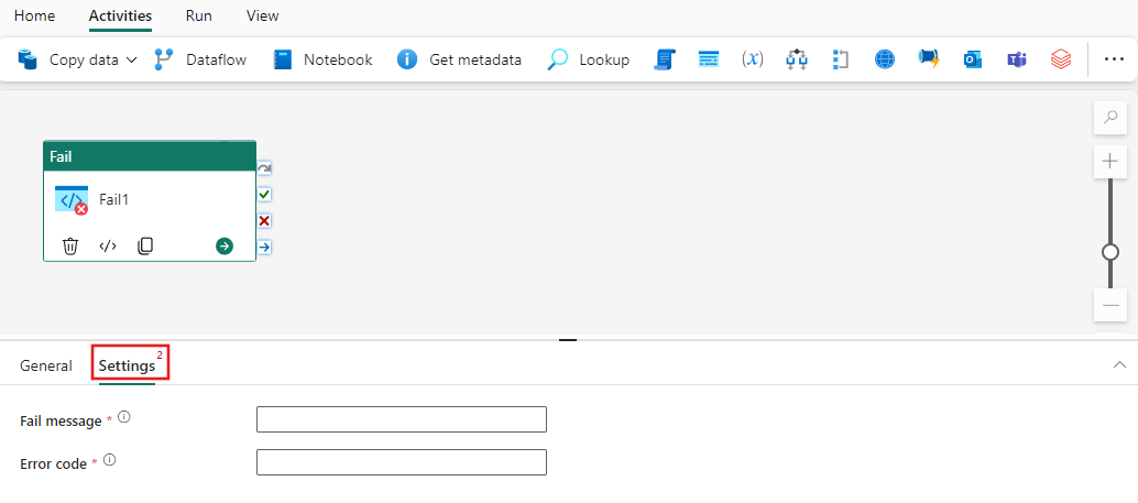 Screenshot che mostra la scheda Impostazioni dell'attività 'Fail', evidenziandola.