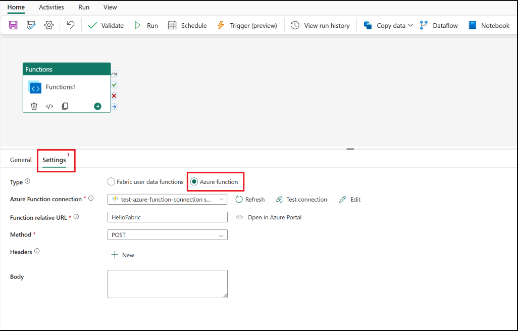 Screenshot che mostra la scheda Impostazioni dell'attività di Azure Function.