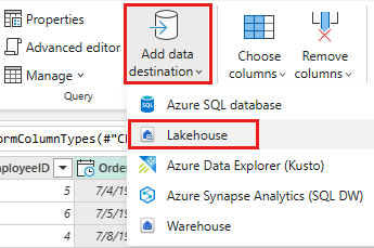 Screenshot che visualizza la barra multifunzione del lakehouse di destinazione dati.