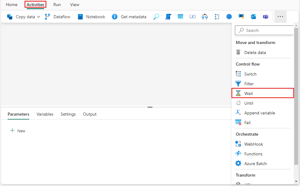 Screenshot dell'interfaccia utente di Fabric con il riquadro Attività e l'attività di Attesa evidenziata.