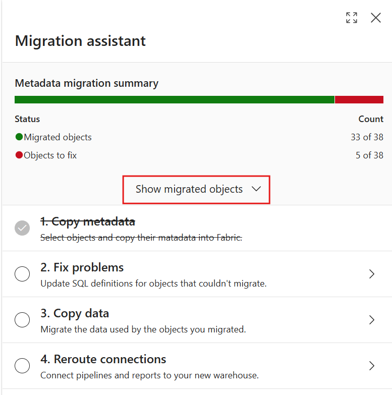 Schermata del portale Fabric che mostra il riepilogo della migrazione dei metadati dell'Assistente Migrazione. L'opzione Mostra oggetti migrati è evidenziata.