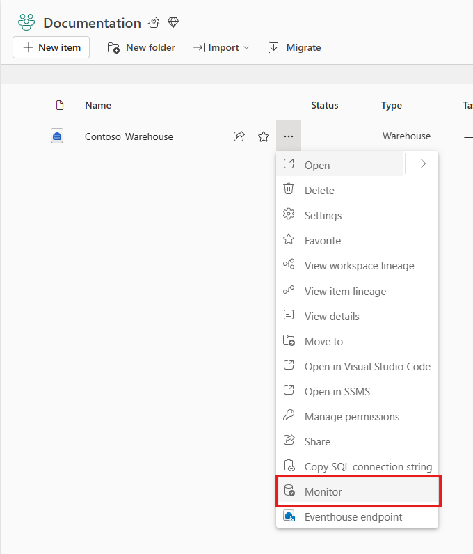 Screenshot del punto di ingresso Monitor dal menu di scelta rapida dell'area di lavoro.