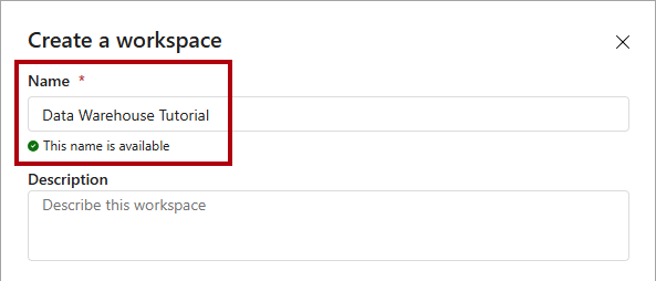 Screenshot della finestra di dialogo Crea un'area di lavoro, che mostra dove immettere il nome della nuova area di lavoro.