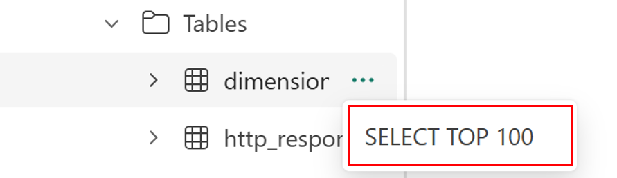 Screenshot dall'interfaccia notebook del database SQL, che mostra l'opzione SELECT TOP 100 accanto a una tabella nell'Esplora Oggetti.