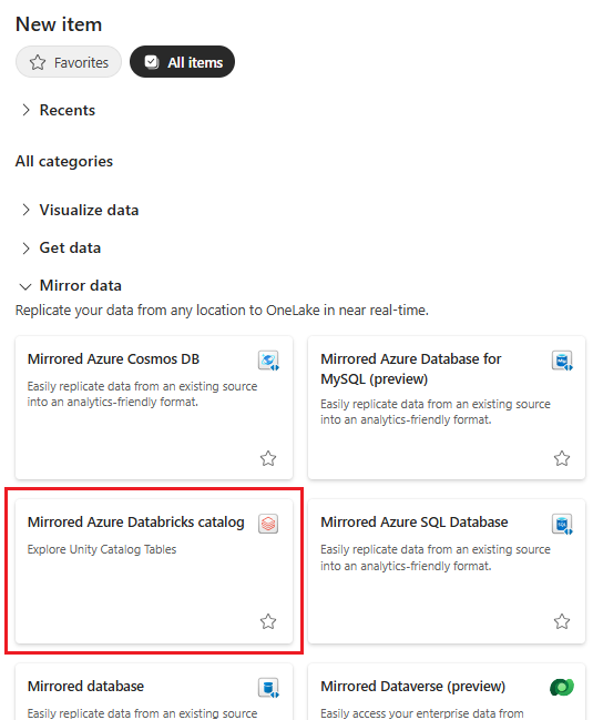 Screenshot del portale Fabric di un nuovo elemento specchiato di Azure Databricks.