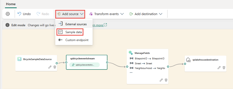 Screenshot delle selezioni per l'aggiunta di dati di esempio a un flusso di eventi.