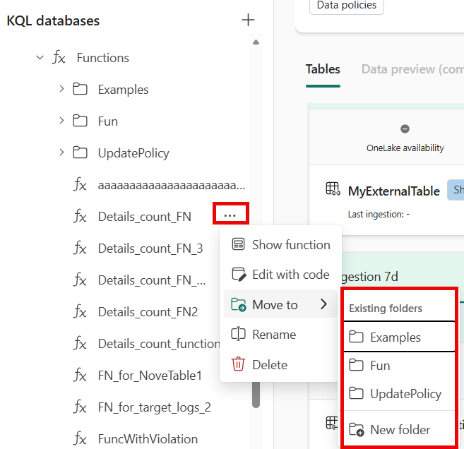 Screenshot del menu a comparsa che mostra l'opzione per spostare la funzione in una cartella esistente o crearne una nuova.