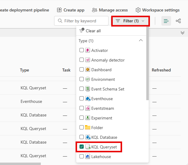 Screenshot del filtro dei tipi di elementi nell'area di lavoro.