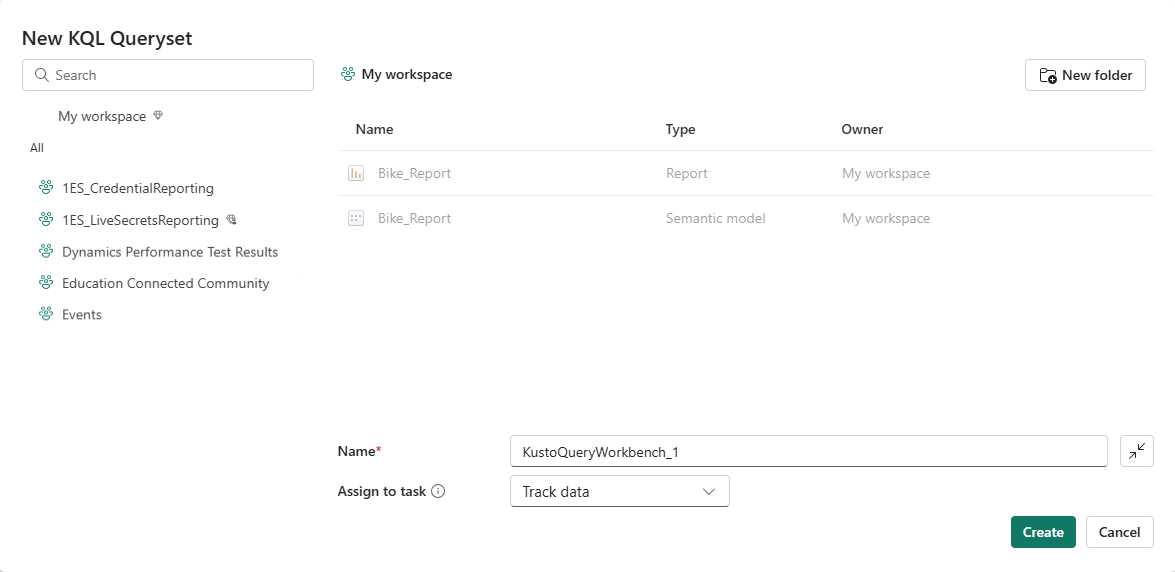 Screenshot della finestra del nuovo set di query KQL e dell'elenco delle aree di lavoro da selezionare.