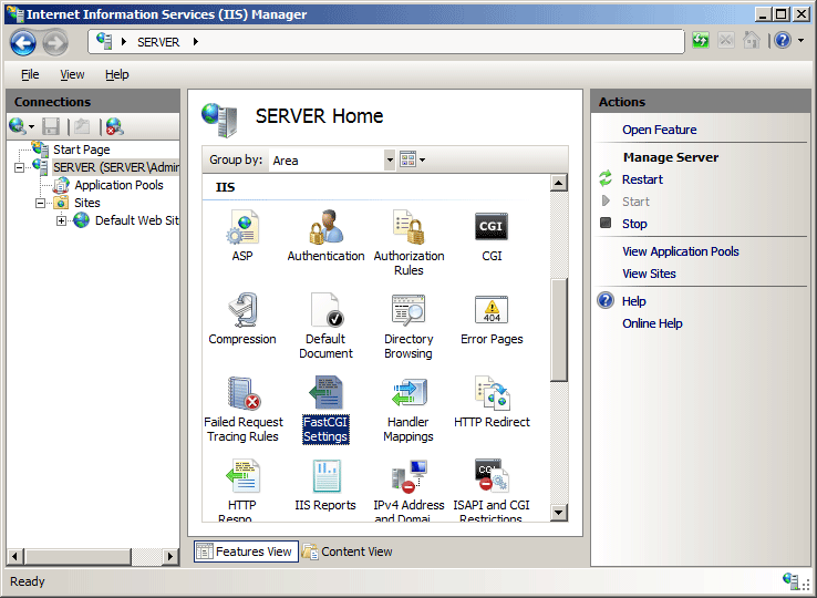 Screenshot che mostra il riquadro Home di edizione Standard RVER, con fast C G I Impostazioni selezionato.
