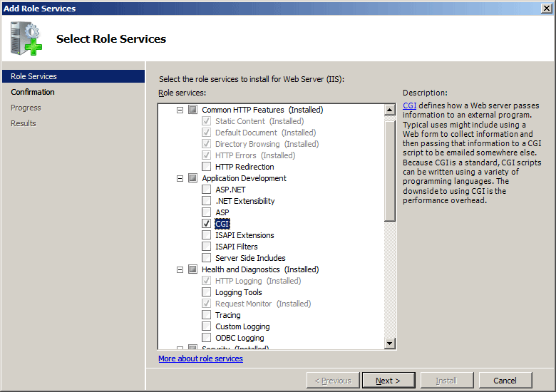 Screenshot che mostra la pagina Seleziona servizi ruolo nella finestra di dialogo Aggiungi servizi ruolo per Windows Server 2008. L'opzione C G I è selezionata.