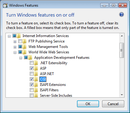 Screenshot che mostra l'opzione C G I selezionata per Windows Vista o Windows 7.